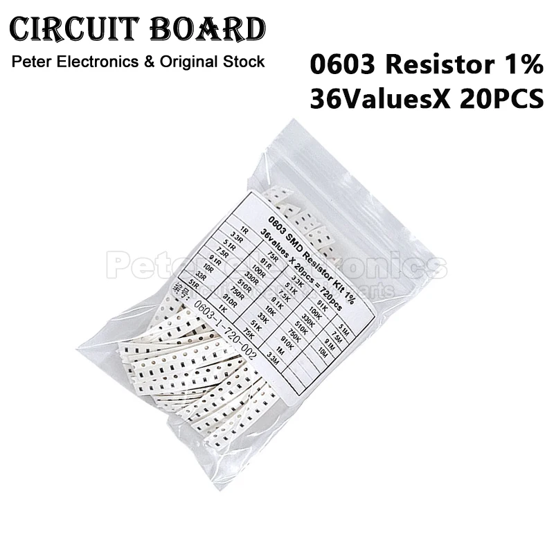 (720pcs) 0603 SMD Resistor 1% 1R 10R 100R 1K 10K 100K 1M 3.3M 5.1K 3.3R 47K 68K 680R 910K Ohm 36ValuesX 20PCS
(720pcs) 0603 SMD Resistor 1% 1R 10R 100R 1K 10K 100K 1M 3.3M 5.1K 3.3R 47K 68K 680R 910K Ohm 36ValuesX 20PCS