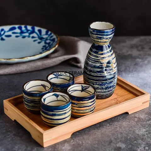 Blue Ceramic Wine Pot Set, Including 1 Small Wine Pot,4 Sake Cups, Ceramic Japanese Sake Set, Tavern Utensils Bar Sets