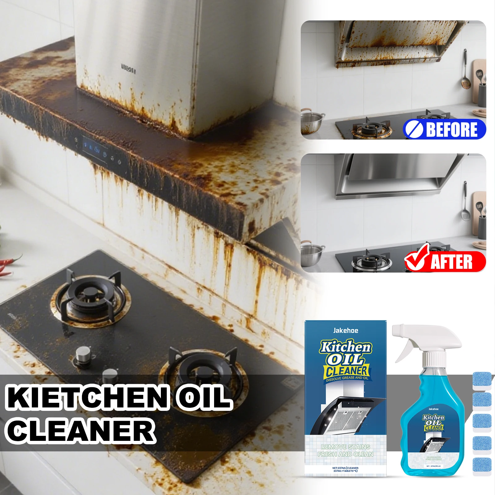JAKEHOE 237ml Kitchen Heavy Oil Remover Spray with 5Pcs Strong Decontamination Effervescent Tablet Decompose Stubborn Oil Stains
JAKEHOE 237ml Kitchen Heavy Oil Remover Spray with 5Pcs Strong Decontamination Effervescent Tablet Decompose Stubborn Oil Stains