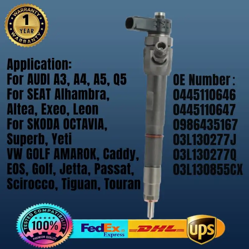 0445110646 0445110647 03L130277Q 03L130277J Common Rail Fuel Injector for AUDI A3 A4 A5 Q5 for Altea Exeo Leon for Superb for VW
0445110646 0445110647 03L130277Q 03L130277J Common Rail Fuel Injector for AUDI A3 A4 A5 Q5 for Altea Exeo Leon for Superb for VW