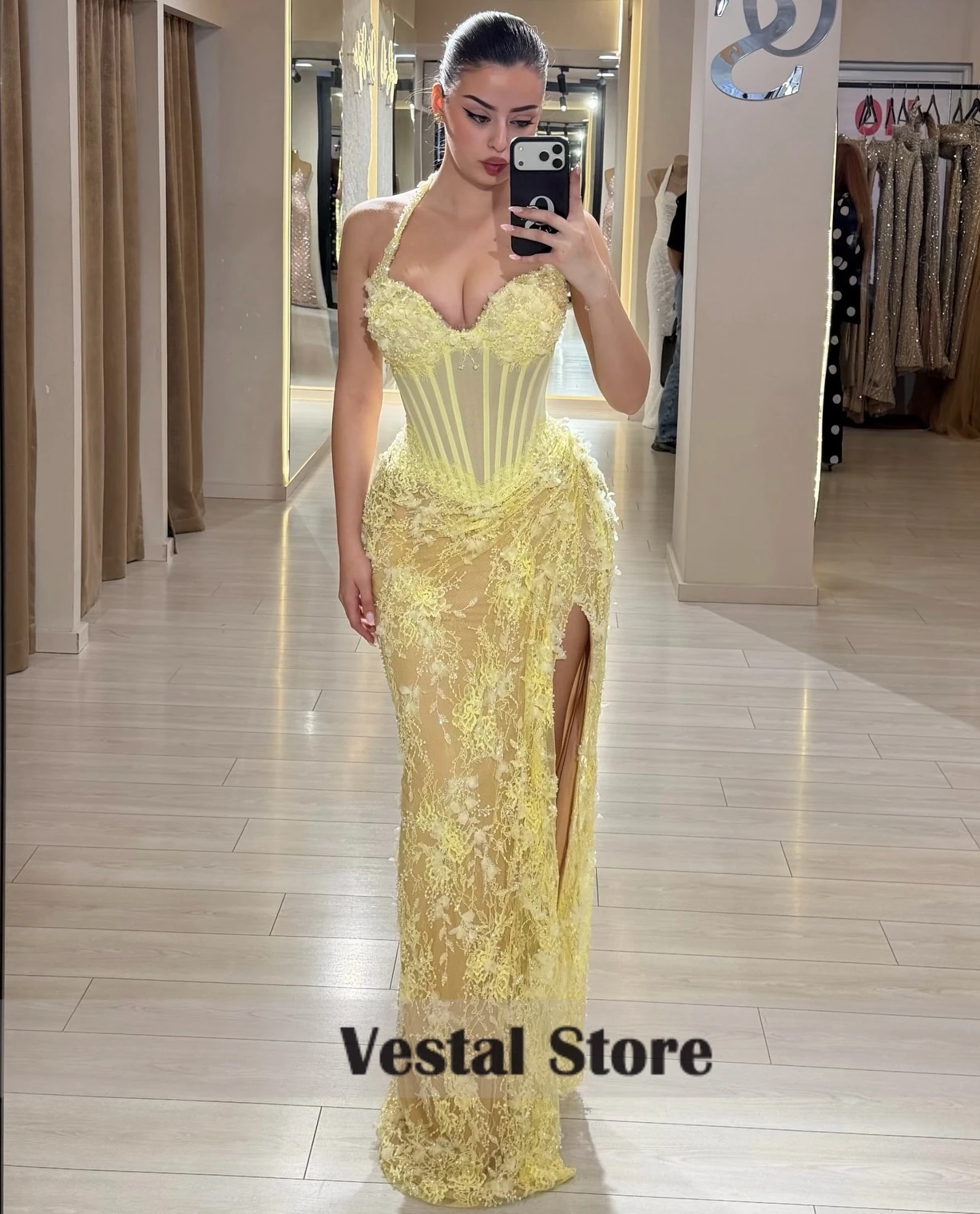 Vestal Halter Corset Prom Dress Floral Lace Mermaid Evening Dress High Slit Long Wedding Guest Pageant Gown Customized
Vestal Halter Corset Prom Dress Floral Lace Mermaid Evening Dress High Slit Long Wedding Guest Pageant Gown Customized