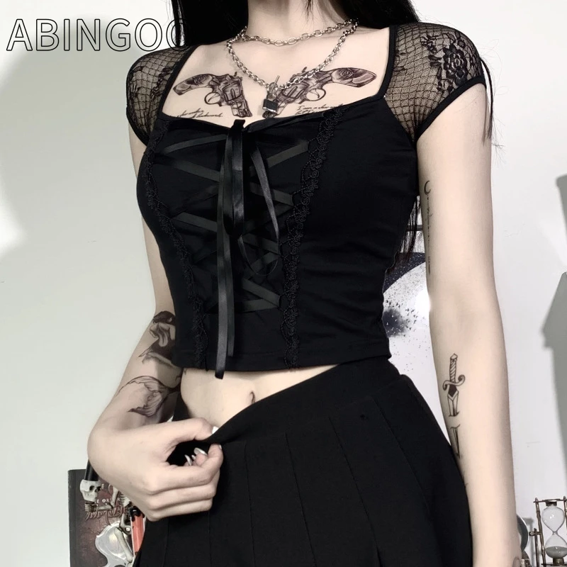 ABINGOO Vintage Tops Goth T-shirt Women Bodycon Bandage Lace Black T-shirts Gothic Streetwear Sexy Female Top Casual Mesh Tee
ABINGOO Vintage Tops Goth T-shirt Women Bodycon Bandage Lace Black T-shirts Gothic Streetwear Sexy Female Top Casual Mesh Tee