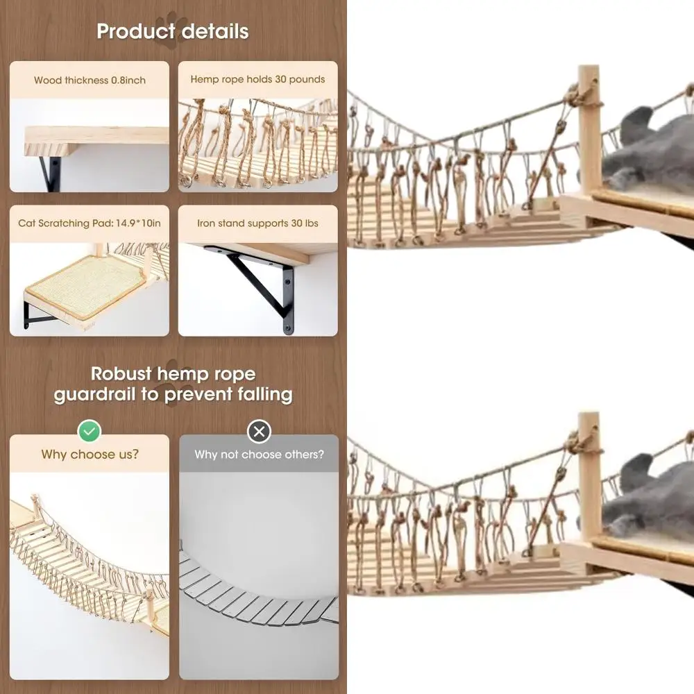 Настенный мост для кошек в помещении с сизалевой подушечкой для царапин, платформами для сна и игр
Настенный мост для кошек в помещении с сизалевой подушечкой для царапин, платформами для сна и игр