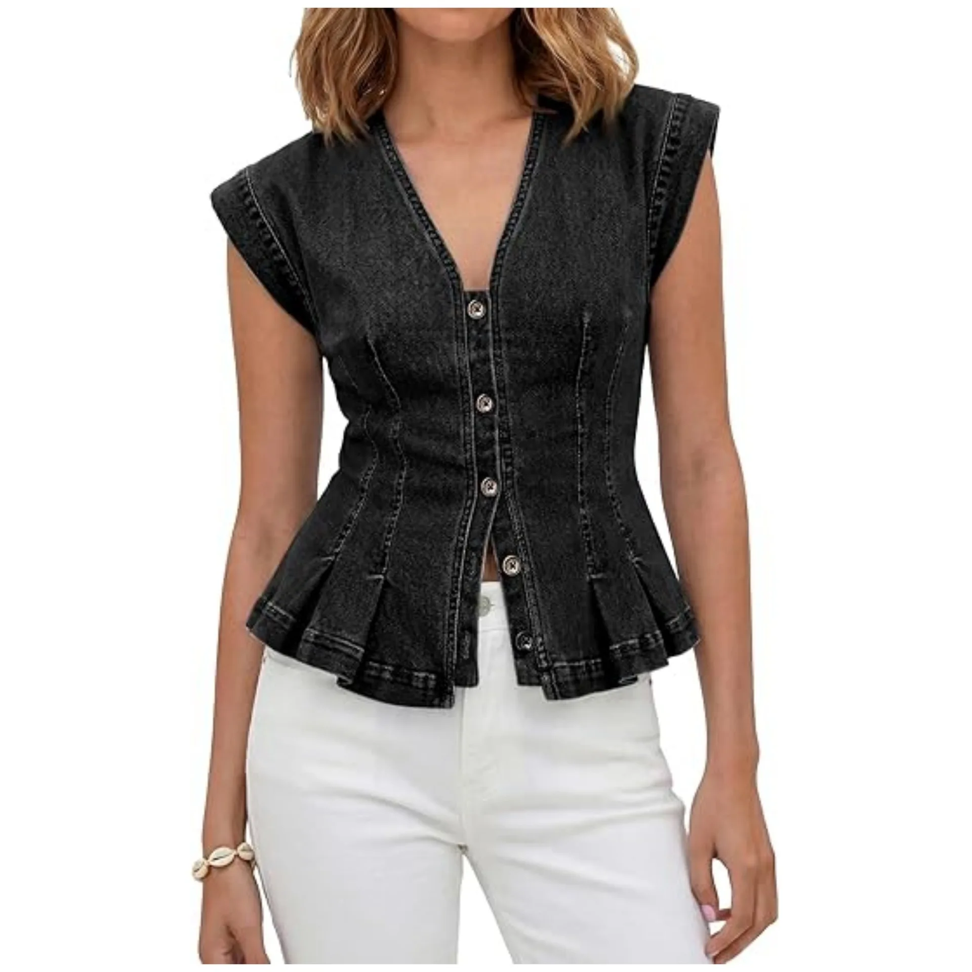 Women's V-Neck Denim Vest Top Fashion Casual Button-Up Slim Fit Pleated Sleeveless Denim Top Thickened Ultra-Short Length
Women's V-Neck Denim Vest Top Fashion Casual Button-Up Slim Fit Pleated Sleeveless Denim Top Thickened Ultra-Short Length