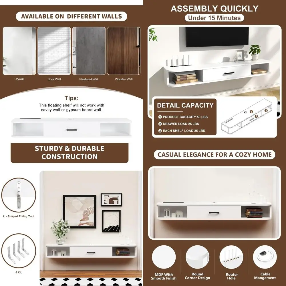 Белая 55-дюймовая плавающая подставка для телевизора с настенным креплением, дверными полками и консолью для DVD-плеера для компактное хранилище в спаленях и Livi
Белая 55-дюймовая плавающая подставка для телевизора с настенным креплением, дверными полками и консолью для DVD-плеера для компактное хранилище в спаленях и Livi