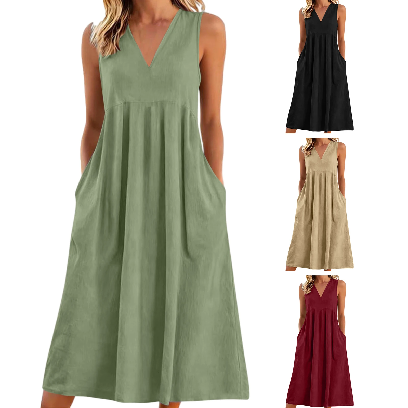 Summer Loose Casual Patchwork Cotton Linen Pocktes Dress V Neck Beach Style Dress Sleeveless Vintage Beach Women Dress
Summer Loose Casual Patchwork Cotton Linen Pocktes Dress V Neck Beach Style Dress Sleeveless Vintage Beach Women Dress