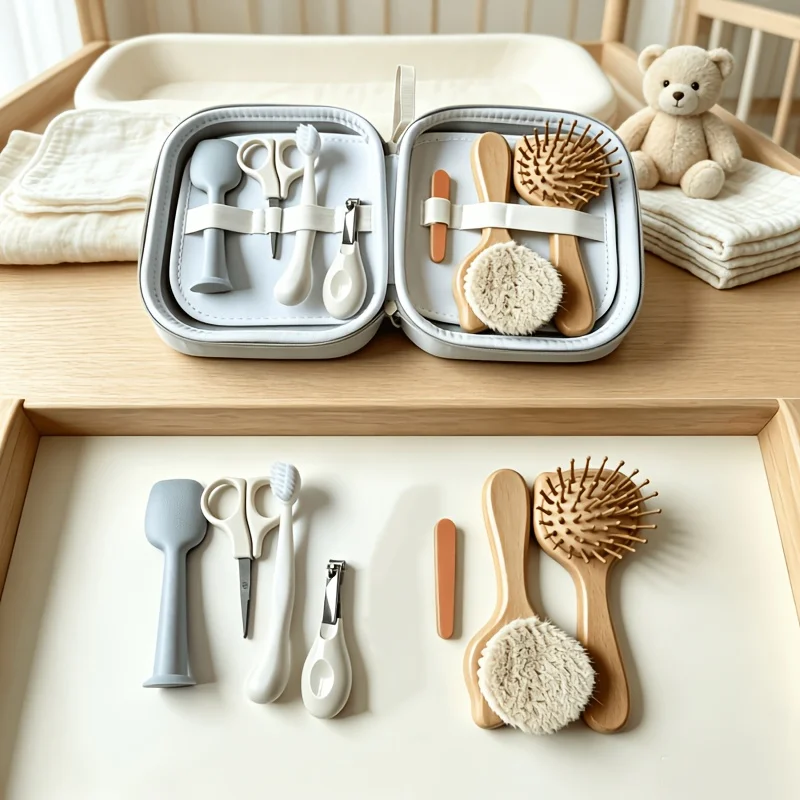 PU material zipper storage bag baby care set, wooden air cushion comb, soft bristle hairbrush, nail clipper, toothbrush, scissor
PU material zipper storage bag baby care set, wooden air cushion comb, soft bristle hairbrush, nail clipper, toothbrush, scissor
