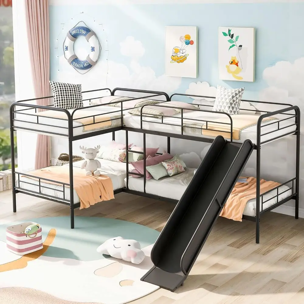 L-Shaped Quad Bunk Beds with Slide, Suitable for Kids and Teens, Black
L-Shaped Quad Bunk Beds with Slide, Suitable for Kids and Teens, Black