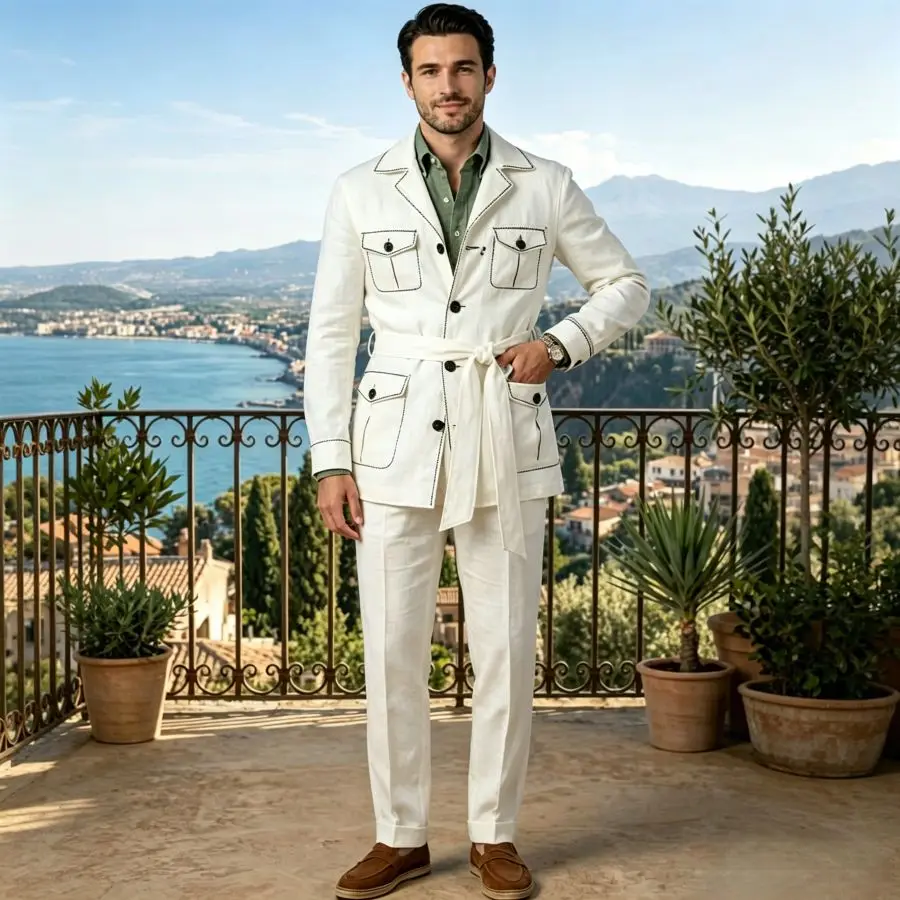 White Linen Safari Suits Beach Summer Men Suits for Party 2 Pieces Slim Fit Blazer with Pants Set Wedding Groom Casual Prom
White Linen Safari Suits Beach Summer Men Suits for Party 2 Pieces Slim Fit Blazer with Pants Set Wedding Groom Casual Prom