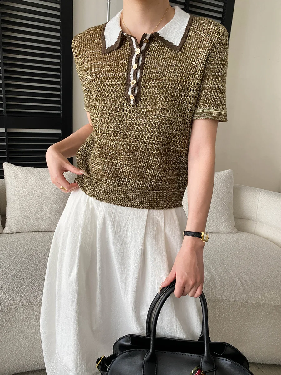 Summer women's casual collar hollow short sleeved knitted sweater
Summer women's casual collar hollow short sleeved knitted sweater