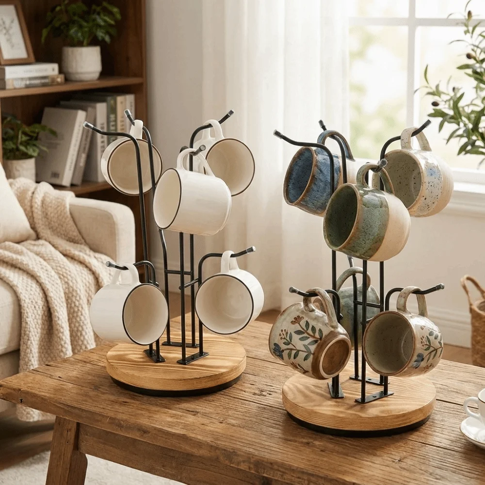 Wooden 360° Rotating Coffee Cup Holder Large Capacity Removable Water Bottles Storage Rack Space Saving with Hooks Cup Tree Rack
Wooden 360° Rotating Coffee Cup Holder Large Capacity Removable Water Bottles Storage Rack Space Saving with Hooks Cup Tree Rack