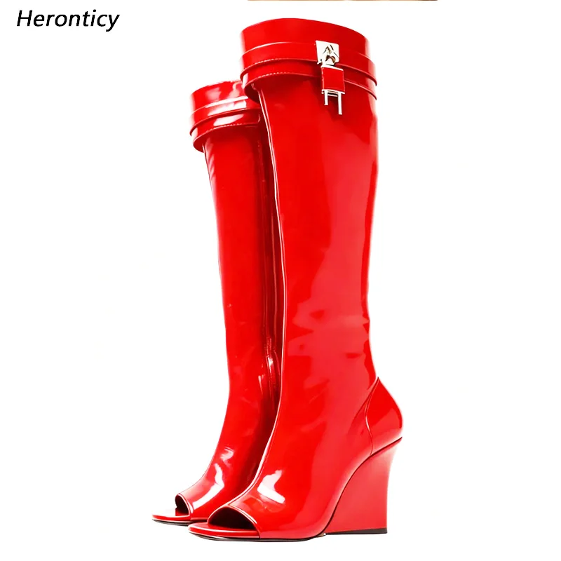 Heronticy Handmade Red Over-the-Knee Wedge Boots - Custom Patent Leather Thigh High Boots with Buckle Detail and Peep Size 5-20
Heronticy Handmade Red Over-the-Knee Wedge Boots - Custom Patent Leather Thigh High Boots with Buckle Detail and Peep Size 5-20