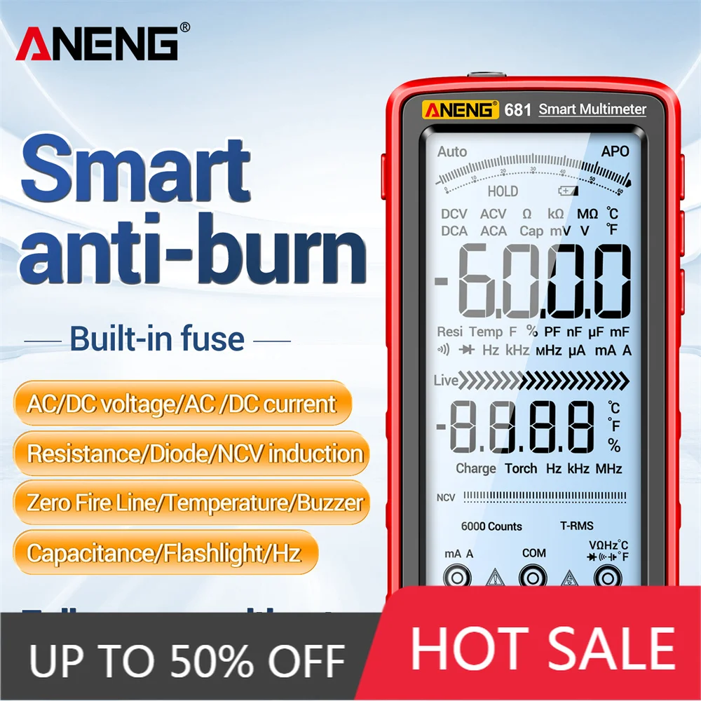 ANENG 681 Rechargable Digital Professional Multimeter Non-contact Voltage Tester AC/DC Voltage Meter LCD Screen Current Tester
ANENG 681 Rechargable Digital Professional Multimeter Non-contact Voltage Tester AC/DC Voltage Meter LCD Screen Current Tester