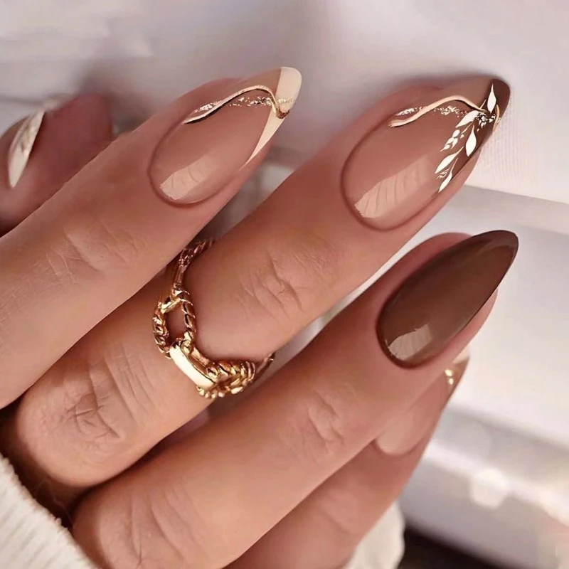 24Pcs Medium Almond Fake Nails Featuring Delicate Leaf Pattern Brown Tones Designs for Women&Girls Natural Look Nail Tips
24Pcs Medium Almond Fake Nails Featuring Delicate Leaf Pattern Brown Tones Designs for Women&Girls Natural Look Nail Tips