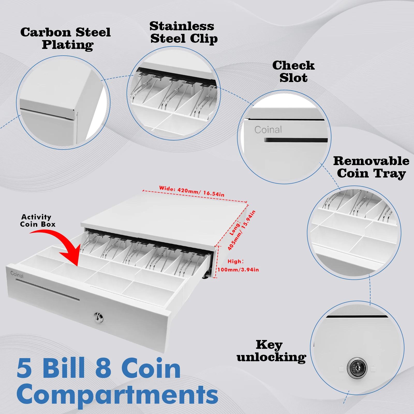 Coinal Cash Box, White, 42x40.5x10cm, 5kg, 16'', 5 Compartments For Paper Currency Storage, 8 Coin Storage Compartments, Large C
Coinal Cash Box, White, 42x40.5x10cm, 5kg, 16'', 5 Compartments For Paper Currency Storage, 8 Coin Storage Compartments, Large C