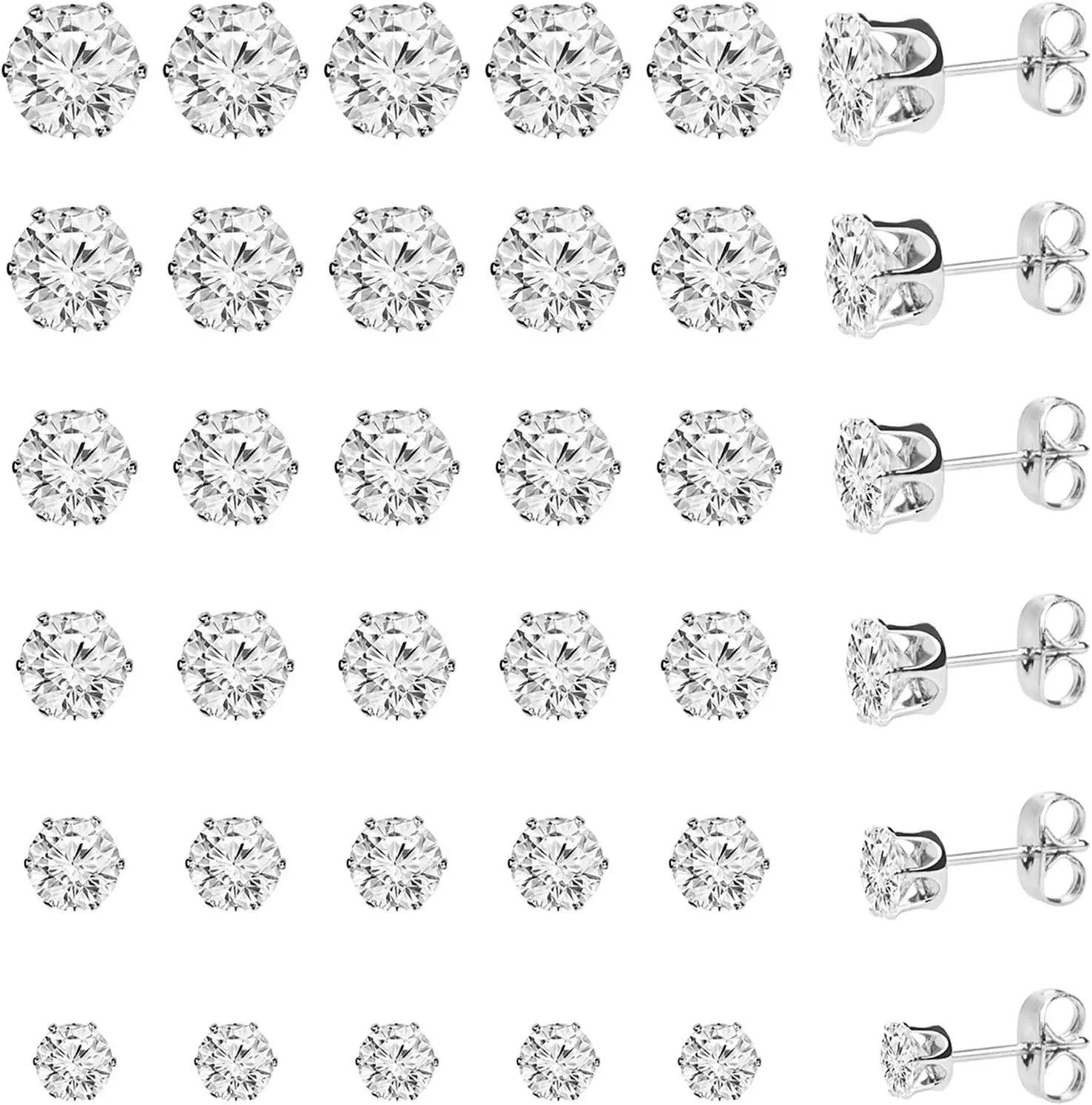 60 Pack Cubic Zirconia Stud Earring, 6 Sizes Round Clear Earring Studs Set for Women and Men (60 Pack, 30 Pairs)
60 Pack Cubic Zirconia Stud Earring, 6 Sizes Round Clear Earring Studs Set for Women and Men (60 Pack, 30 Pairs)