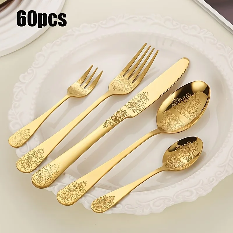 60-piece stainless steel cutlery set includes gold-plated knives, forks, spoons, teaspoons, and dessert forks. The cutlery is sa
60-piece stainless steel cutlery set includes gold-plated knives, forks, spoons, teaspoons, and dessert forks. The cutlery is sa