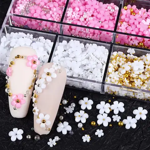 6Grid 3D Gemengde Roze Witte Kleine Bloem Nail Art Bedels Met Goud Zilver Kralen Kawaii Hars Mode Cartoon Nageldecoratie DIY
