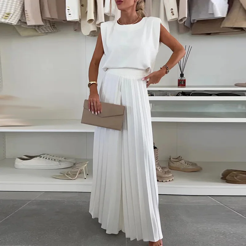 Elegant O-neck Pullovers Tops & Long Pants Suits Women Fashion Commuting Loose 2Pc Outfits Casual Sleeveless Pleated Solid Sets
Elegant O-neck Pullovers Tops & Long Pants Suits Women Fashion Commuting Loose 2Pc Outfits Casual Sleeveless Pleated Solid Sets