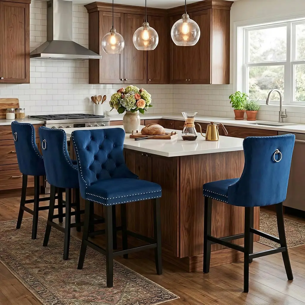 Velvet Bar Stools Set 4 Wood Legs Tufted Nailhead Armless Counter Height 24in Custom
Velvet Bar Stools Set 4 Wood Legs Tufted Nailhead Armless Counter Height 24in Custom