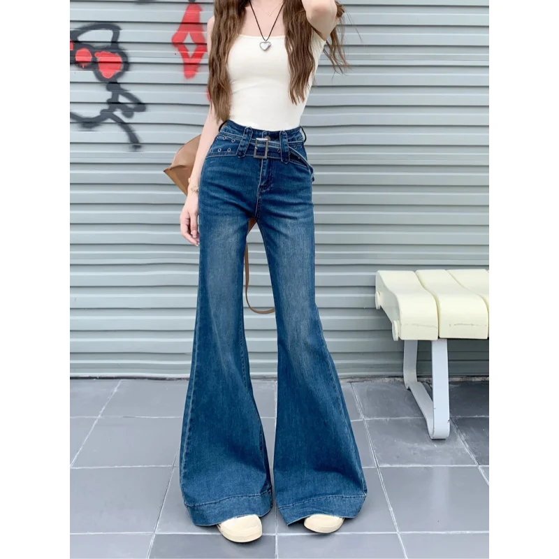 American New High Waist Bootcut Denim Trousers Women's Belt Design Wide Leg Mopping Horseshoe Pants
American New High Waist Bootcut Denim Trousers Women's Belt Design Wide Leg Mopping Horseshoe Pants