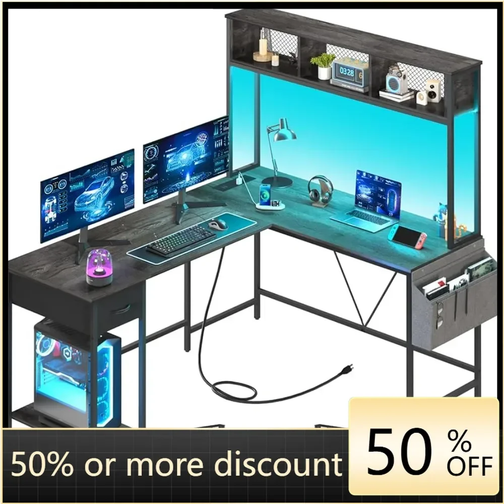 Corner Desk With Storage Bag Gaming Desk With LED Strip & Power Outlet Gray Computer Office Furniture
Corner Desk With Storage Bag Gaming Desk With LED Strip & Power Outlet Gray Computer Office Furniture