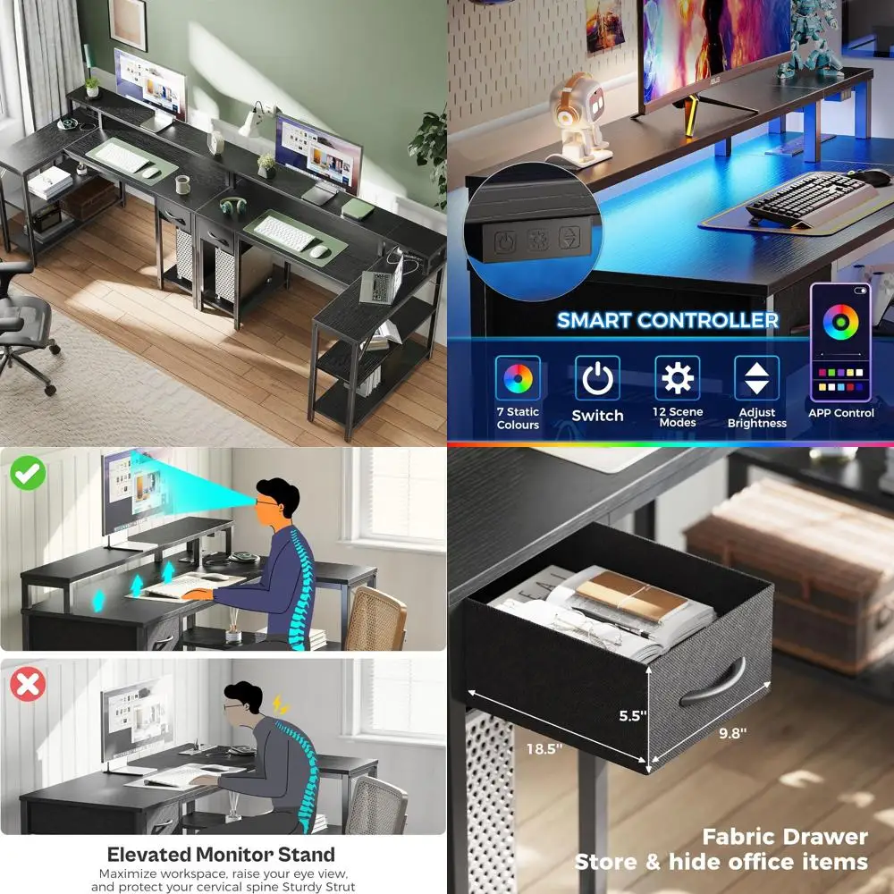 47 LED-lit L-Shaped Gaming Desk with Power Outlets, Reversible Corner Desk with Storage and Monitor Stand, Black
47 LED-lit L-Shaped Gaming Desk with Power Outlets, Reversible Corner Desk with Storage and Monitor Stand, Black