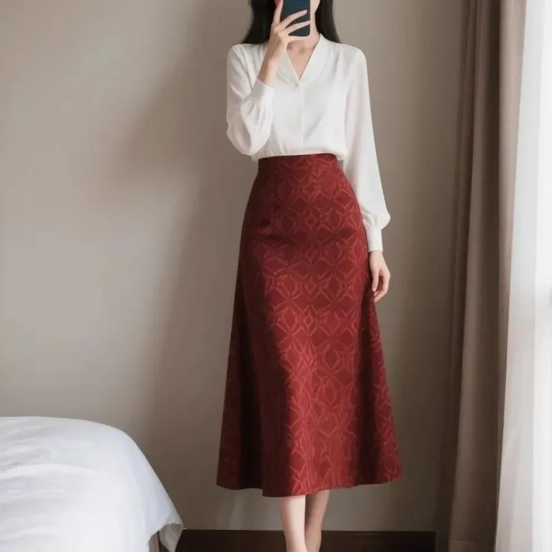 Women's Elegant 2Pcs Outfit V-neck Blouse & Red Jacquard Midi Skirt Set
Women's Elegant 2Pcs Outfit V-neck Blouse & Red Jacquard Midi Skirt Set
