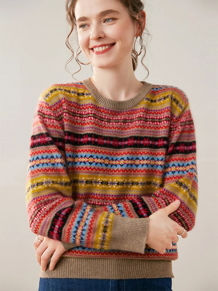 Свитер с круглым вырезом Fair Isle, осень-зима, женский трикотаж из 100% кашемира, мягкий теплый повседневный пуловер в стиле ретро, женская одежда, офисная женская одежда
Свитер с круглым вырезом Fair Isle, осень-зима, женский трикотаж из 100% кашемира, мягкий теплый повседневный пуловер в стиле ретро, женская одежда, офисная женская одежда