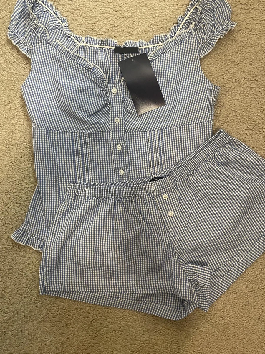 Синяя клетчатая футболка с пуговицами и шортами, летние тонкие футболки с рюшами + прямые толстовки, милая хлопковая пижама, комплекты из 2 предметов, женский наряд 
Синяя клетчатая футболка с пуговицами и шортами, летние тонкие футболки с рюшами + прямые толстовки, милая хлопковая пижама, комплекты из 2 предметов, женский наряд