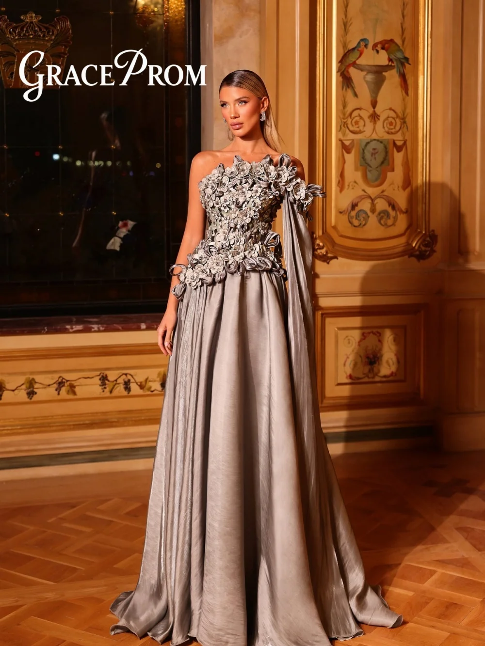 Fashion Silver Gray Evening Dress 2026 Elegant One Shoulder Carpet Gown Romantic 3D Floral A Line Floor Length Party Gown فسا
Fashion Silver Gray Evening Dress 2026 Elegant One Shoulder Carpet Gown Romantic 3D Floral A Line Floor Length Party Gown فسا