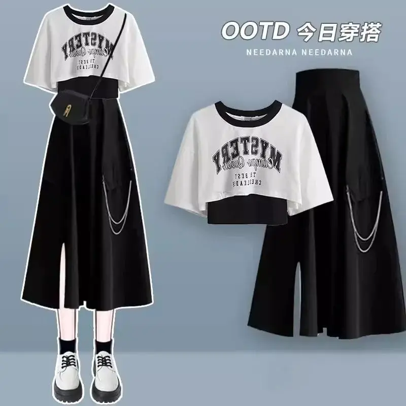 Summer Suits Female Students Korean Fake Two-piece Short-sleeved T-shirt + High-waisted Skirt Two-piece Set
Summer Suits Female Students Korean Fake Two-piece Short-sleeved T-shirt + High-waisted Skirt Two-piece Set