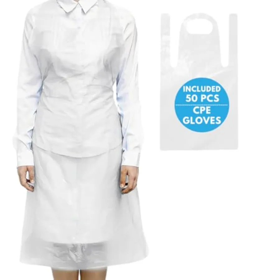 50 Pack Large Disposable Plastic Aprons 27" x 46" with 50 CPE Gloves, Waterproof Aprons for Cooking, Painting, Cleaning, and Pi
50 Pack Large Disposable Plastic Aprons 27" x 46" with 50 CPE Gloves, Waterproof Aprons for Cooking, Painting, Cleaning, and Pi