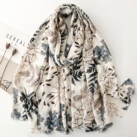 Winter Lurex Leaf Floral Fringe Cotton Viscose Shawls Scarf Lady High Quality Wrap Pashmina Stole Bufandas Muslim Hijab 180*90Cm