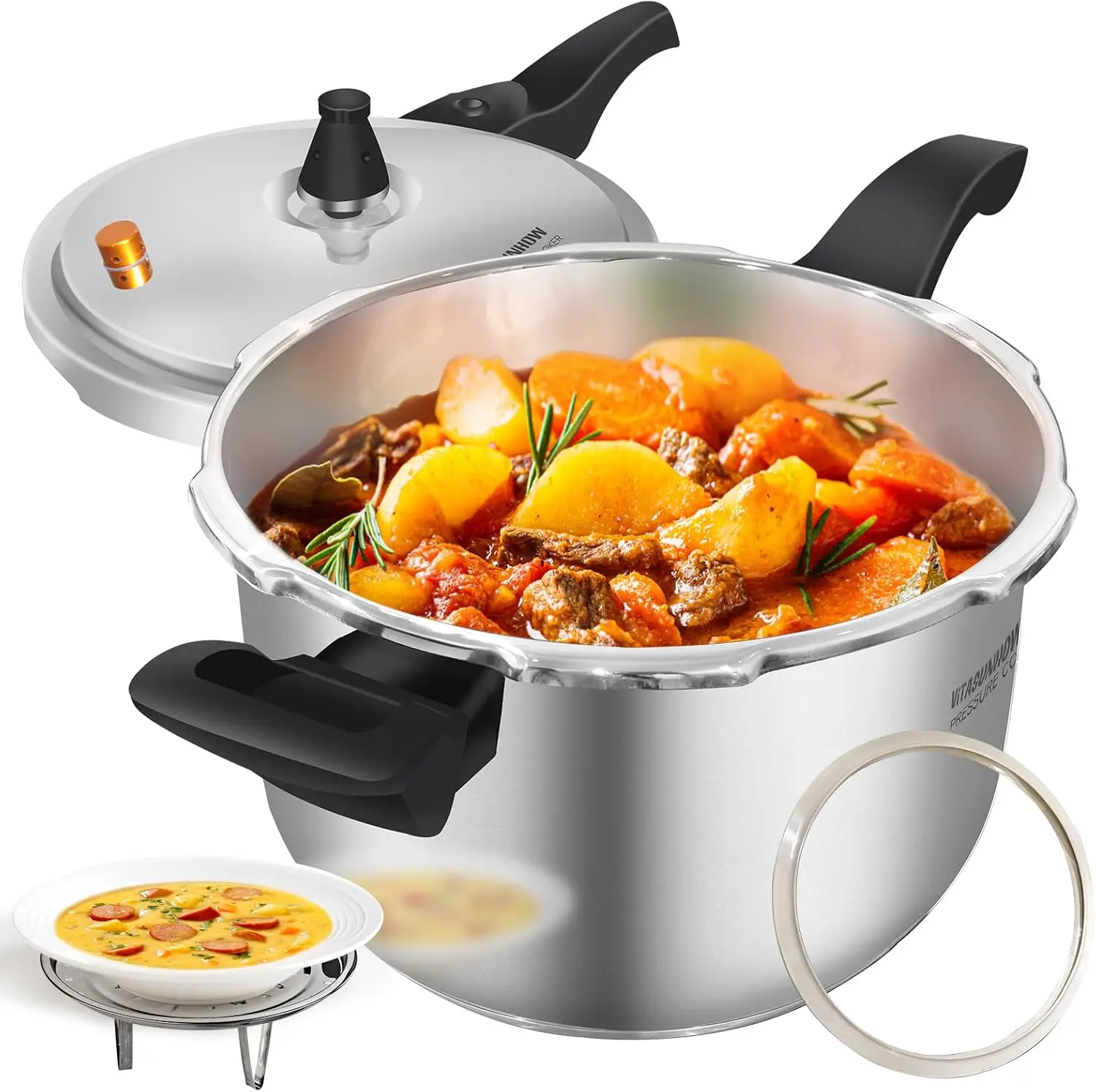 Stainless Steel Pressure Cooker, Induction Compatible Stovetop Cooker with Steamer Basket, Fast Cooking with Safety Release, 304
Stainless Steel Pressure Cooker, Induction Compatible Stovetop Cooker with Steamer Basket, Fast Cooking with Safety Release, 304