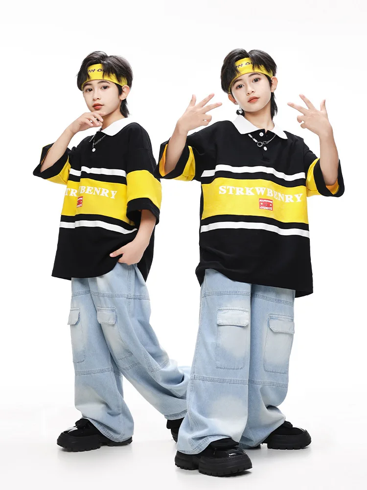 Kid Kpop Hip Hop Clothing Black Polo Neck T Shirt Denim Blue Casual Pockets Jeans Baggy Pants for Girl Boy Dance Costume Clothes
Kid Kpop Hip Hop Clothing Black Polo Neck T Shirt Denim Blue Casual Pockets Jeans Baggy Pants for Girl Boy Dance Costume Clothes