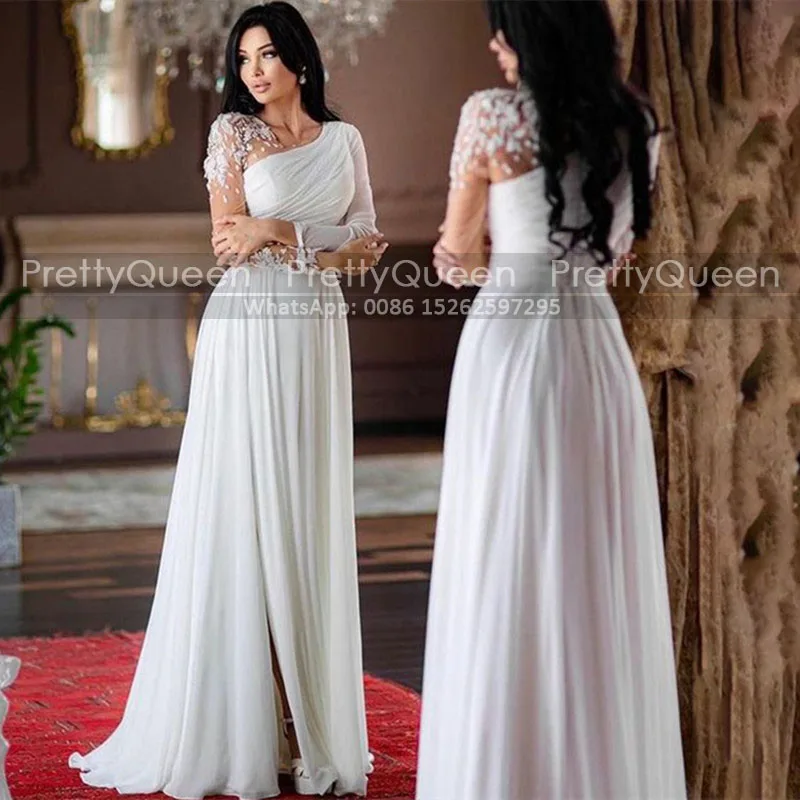 Customized A Line Wedding Dress Sheer Long Sleeves Floral Appliques Side Split White Chiffon Bohemia Dresses Bridal Gown
Customized A Line Wedding Dress Sheer Long Sleeves Floral Appliques Side Split White Chiffon Bohemia Dresses Bridal Gown