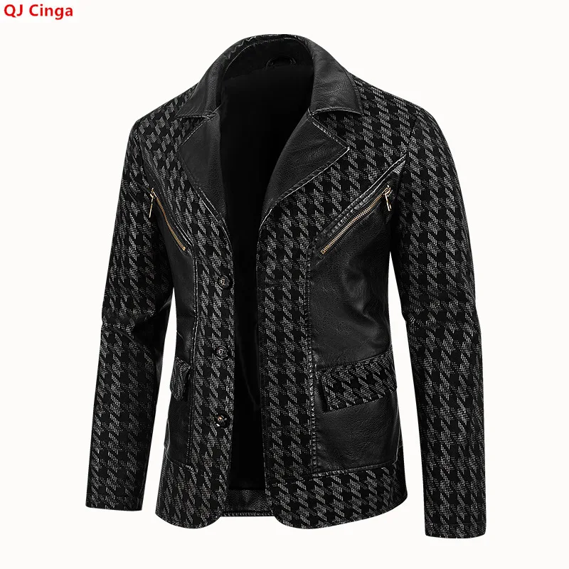 Vintage-style Men's Long-sleeve Collared Jacket with Black PU Fabric Accents; A Stylish Biker Coat, Not Suitable for Summer.
Vintage-style Men's Long-sleeve Collared Jacket with Black PU Fabric Accents; A Stylish Biker Coat, Not Suitable for Summer.