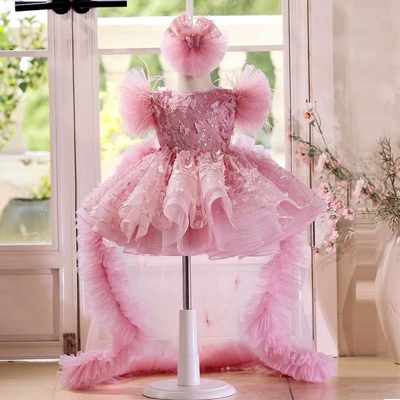 Flower Girl Wedding Party Dresses New Pink Princess Dress Round Neck Short Front Long Back Butterfly Gown Ball Gowns Customized
Flower Girl Wedding Party Dresses New Pink Princess Dress Round Neck Short Front Long Back Butterfly Gown Ball Gowns Customized