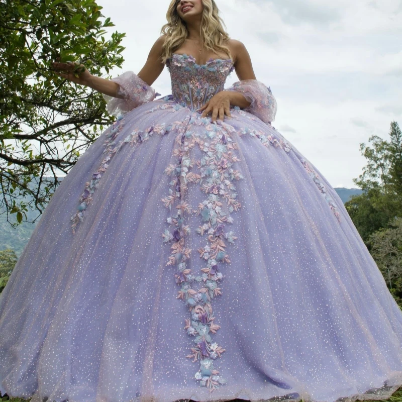 Lilac Shiny Quinceanera Dresses Off Shoulder Ball Gown Sweet 16 Dress Beads Applique Flower Bow Tull Birthday Party Vestidos 15
Lilac Shiny Quinceanera Dresses Off Shoulder Ball Gown Sweet 16 Dress Beads Applique Flower Bow Tull Birthday Party Vestidos 15