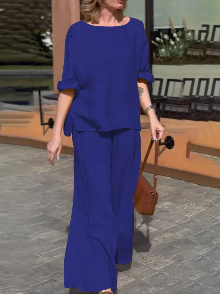 Женский однотонный топ из 2 предметов с круглым вырезом и длинными рукавами + широкие брюки, костюм, повседневный повседневный комплект из двух предметов для офиса и дома
Женский однотонный топ из 2 предметов с круглым вырезом и длинными рукавами + широкие брюки, костюм, повседневный повседневный комплект из двух предметов для офиса и дома