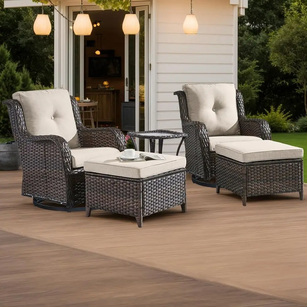 5-Piece Outdoor Patio Furniture Set: Wicker Bistro Chairs with Swivel, Rocking, Side Table, Ottomans for Backyard, Porch, Balcon
5-Piece Outdoor Patio Furniture Set: Wicker Bistro Chairs with Swivel, Rocking, Side Table, Ottomans for Backyard, Porch, Balcon
