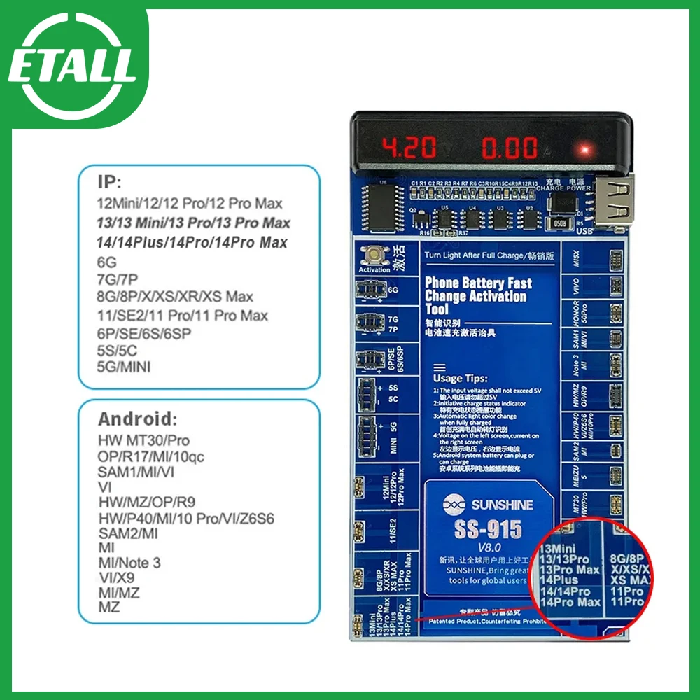 SUNSHINE SS-915 V8.0 универсальная батарея с быстрой зарядкой, тестовая панель для iPhone, Android, iPhone 14/Pro/Max
SUNSHINE SS-915 V8.0 универсальная батарея с быстрой зарядкой, тестовая панель для iPhone, Android, iPhone 14/Pro/Max
