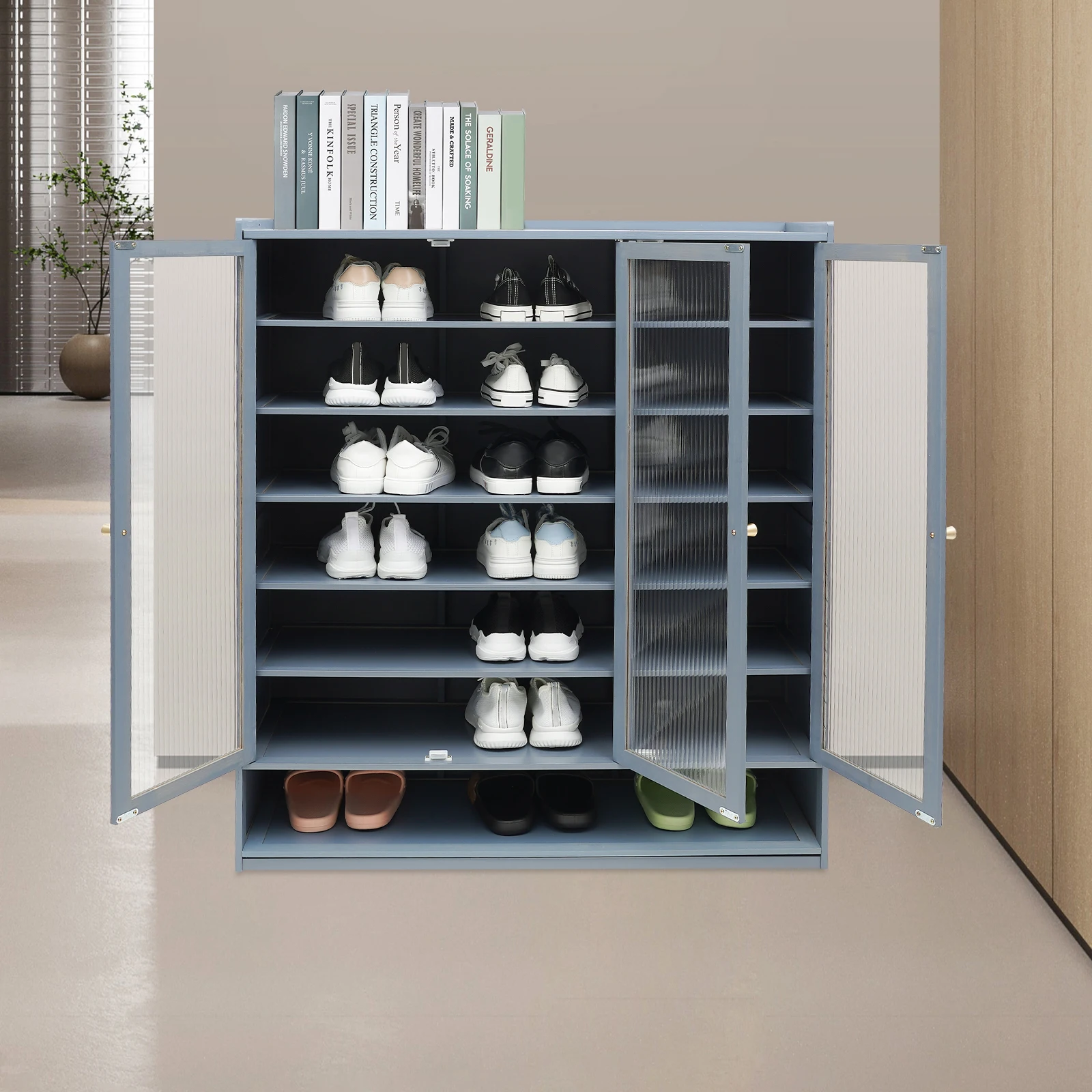 3 Door 8 Tier Fog Blue Shoe Storage Cabinet, Modern Entryway Organizer for Hallway & Living Room , Multi-Purpose Display Shelf
3 Door 8 Tier Fog Blue Shoe Storage Cabinet, Modern Entryway Organizer for Hallway & Living Room , Multi-Purpose Display Shelf