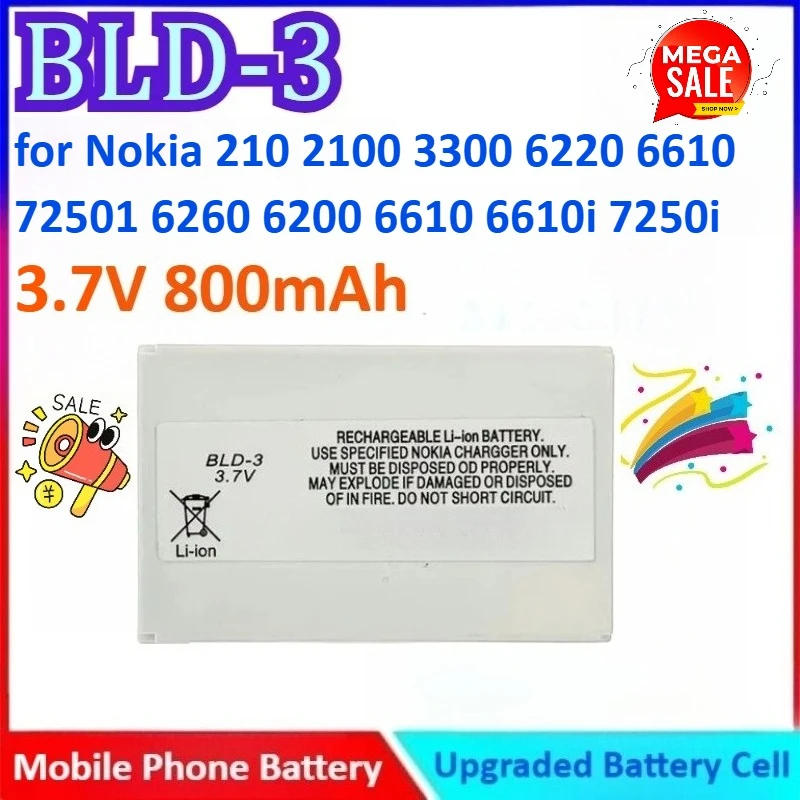 3.7V 800mAh BLD-3 High Quality Mobile Phone Battery for Nokia 7250 I6260 6200 6610 6610i 7250i 210 2100 3300 6220 6610
3.7V 800mAh BLD-3 High Quality Mobile Phone Battery for Nokia 7250 I6260 6200 6610 6610i 7250i 210 2100 3300 6220 6610