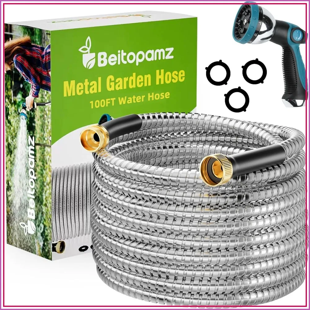 100 ft Stainless Steel Garden Hose with Nozzle, Flexible, Durable, Rust Proof, No-Kink, Heavy Duty, Leakproof Brass Fittings, Lightweight for Lawn & Patio
100 ft Stainless Steel Garden Hose with Nozzle, Flexible, Durable, Rust Proof, No-Kink, Heavy Duty, Leakproof Brass Fittings, Lightweight for Lawn & Patio