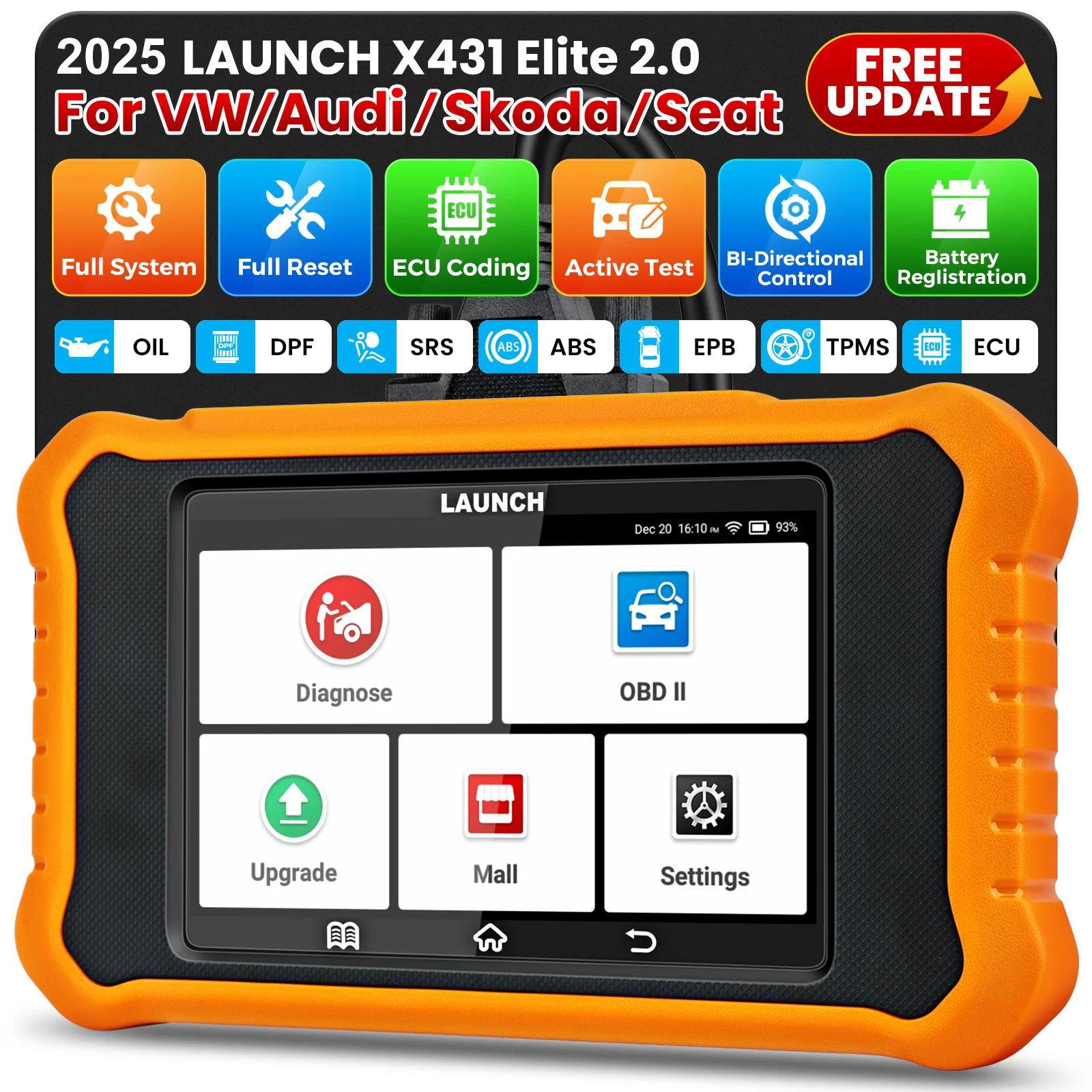 LAUNCH X431 Elite 2.0 OBD2 Scanner Full Systems Car Scan Diagnostic Tool Auto Scan Active Test Free Update for Audi Series
LAUNCH X431 Elite 2.0 OBD2 Scanner Full Systems Car Scan Diagnostic Tool Auto Scan Active Test Free Update for Audi Series