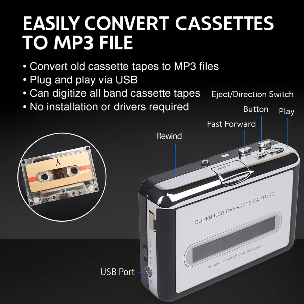 Портативная USB-кассета в MP3-конвертер, аудиокассета для захвата, плеер Plug and Play, совместимый с Windows
Портативная USB-кассета в MP3-конвертер, аудиокассета для захвата, плеер Plug and Play, совместимый с Windows
