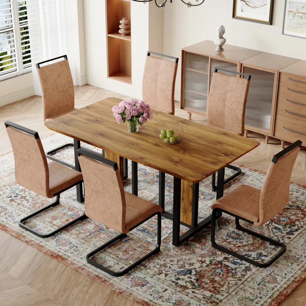 Table and chair set.67"x36" Wood-Textured MDF Dining Table Set with 6 Brown Fabric Chairs.MDF sticker,Wood colored texture
Table and chair set.67"x36" Wood-Textured MDF Dining Table Set with 6 Brown Fabric Chairs.MDF sticker,Wood colored texture