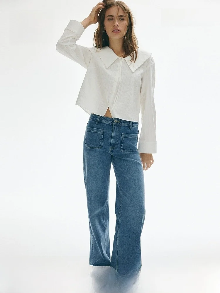 Loose Long Sleeve Women's Shirt V-neck Pleated Doll Collar Casual Style Fashionable Grains Pure Color H&M 1308945
Loose Long Sleeve Women's Shirt V-neck Pleated Doll Collar Casual Style Fashionable Grains Pure Color H&M 1308945